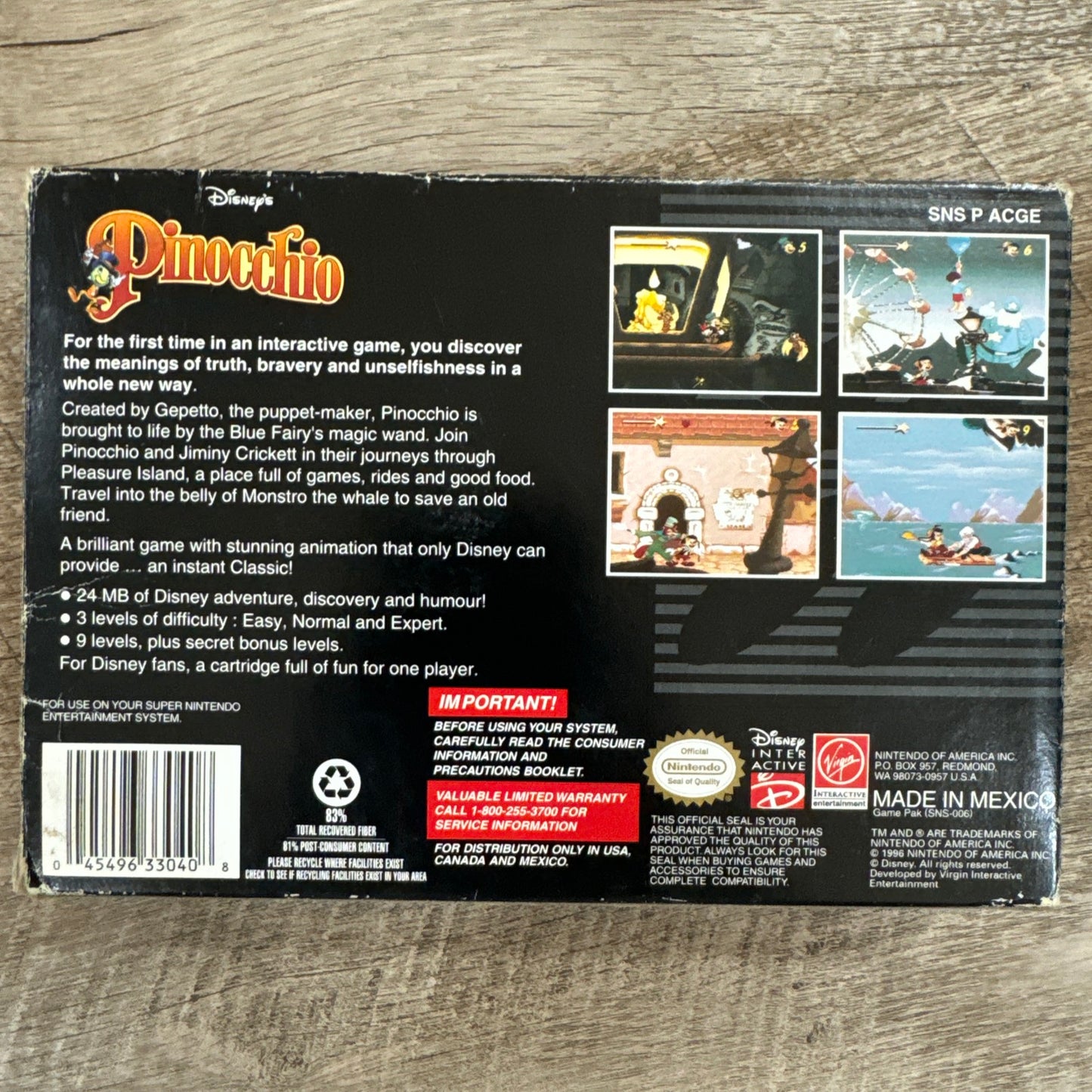 DISNEY'S PINOCCHIO (SNES Super NES Nintendo) Complete CIB