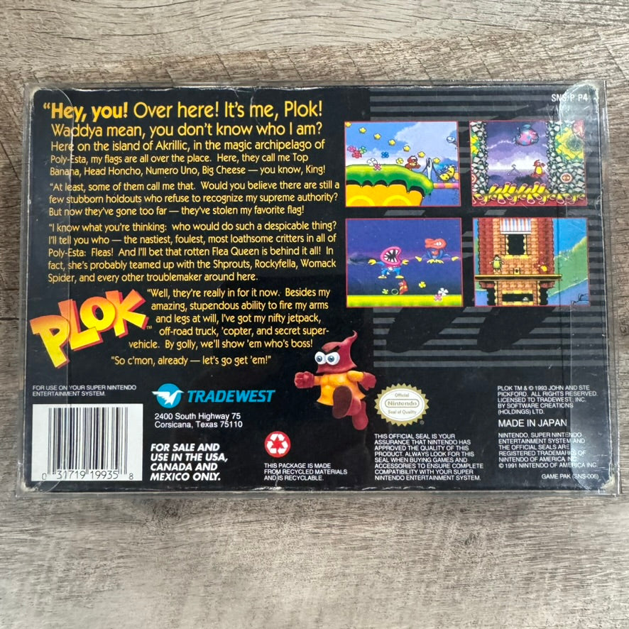 Plok (Super Nintendo, SNES 1993) Complete W/ Nice Box, Crispy Cart & Manual!