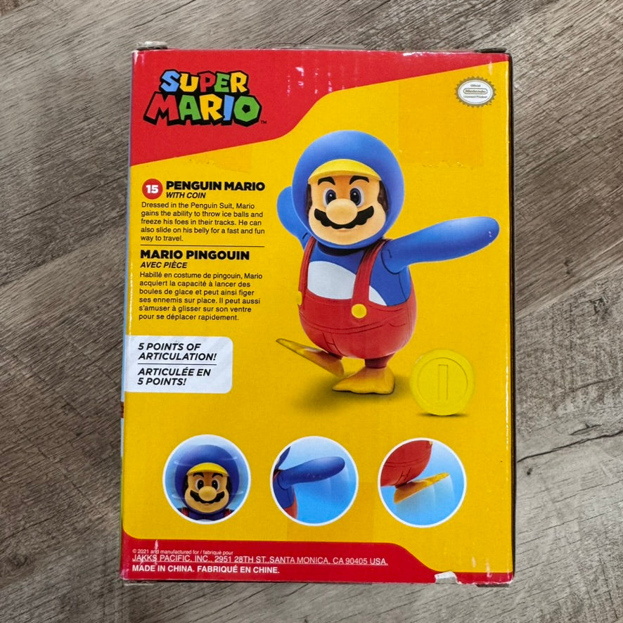 Super Mario PENGUIN MARIO W/ COIN 4" Inch Jakks Figure World of Nintendo Sealed!